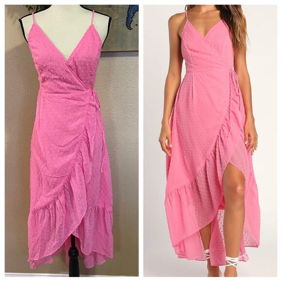 NWOT Lulus Effortlessly Easy Pink Swiss Dot High-Low Midi Wrap Dress - Picture 1 of 8